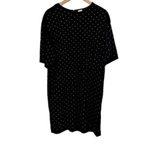 H&M Black Velour-Like Short Sleeve Shift Dress with Silver Polka Dot Detail. M